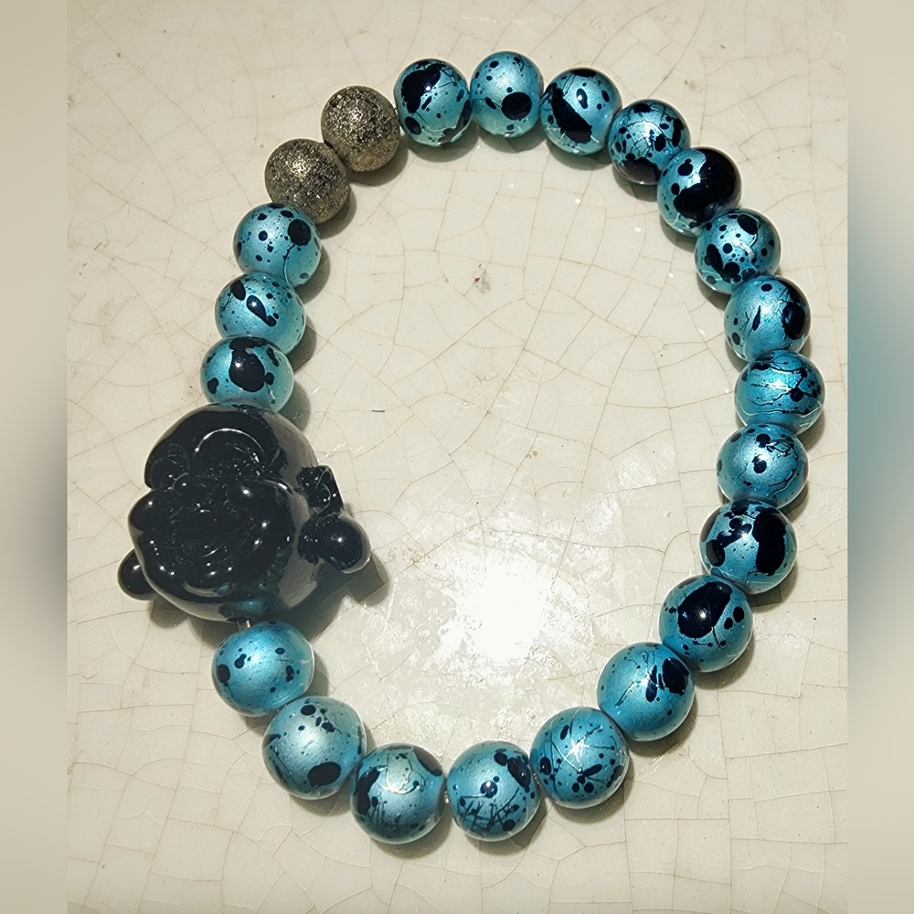 Happy Buddha onyx and ocean white Jade gemstone strecth bracelet, bracelet stack